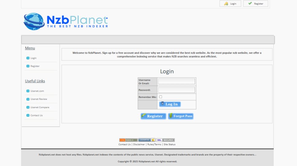Website screenshot of NzbPlanet (December, 2025)