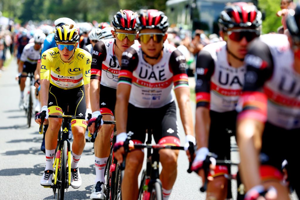 LIBOURNE FRANCE JULY 16 Tadej Pogaar of Slovenia and UAETeam Emirates yellow leader jersey during the 108th Tour de France 2021 Stage 19 a 207km stage from Mourenx to Libourne LeTour TDF2021 on July 16 2021 in Libourne France Photo by Michael SteeleGetty Images