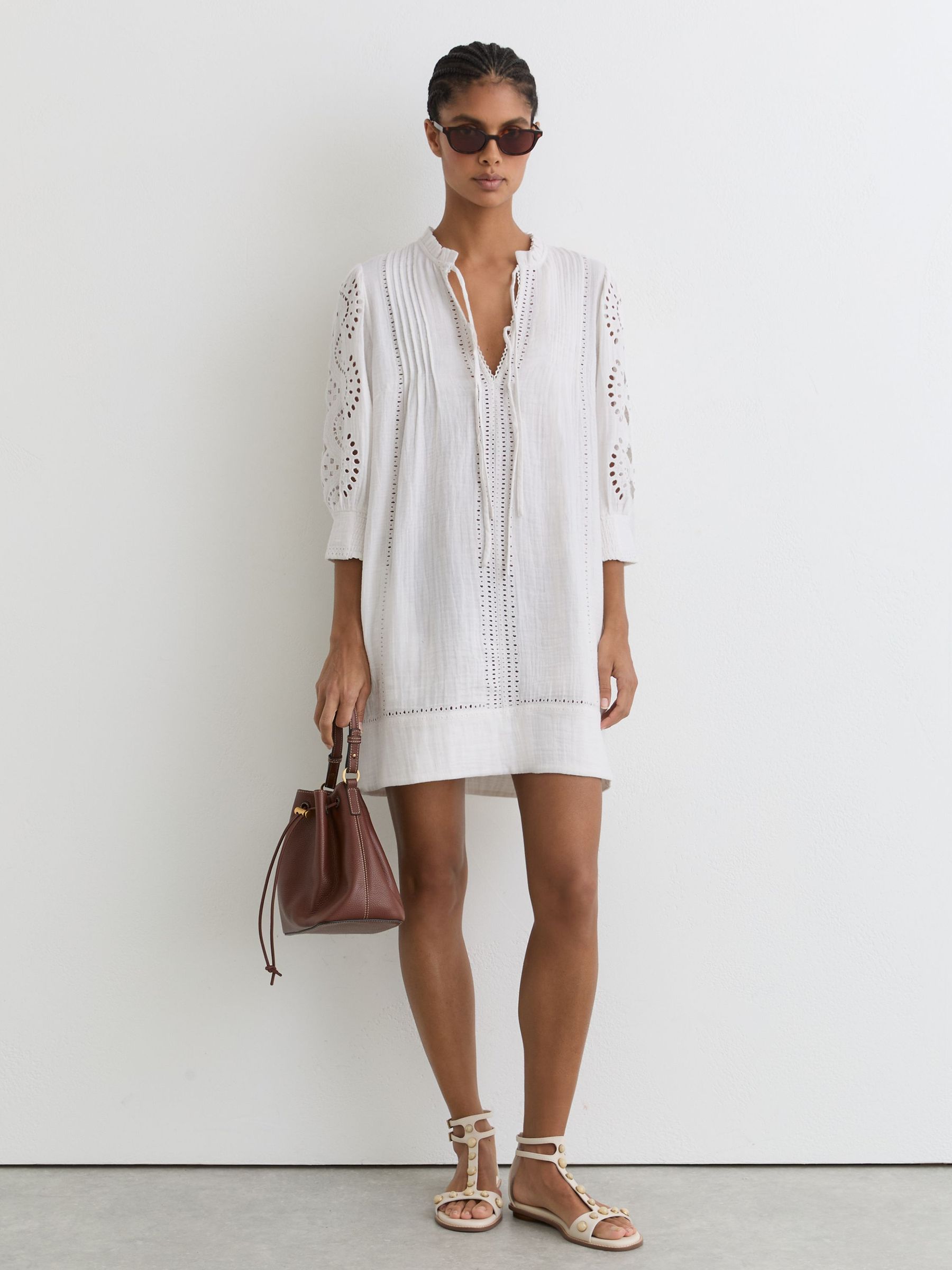 Cotton Cheesecloth Broderie Mini Dress in Ivory - Size 4