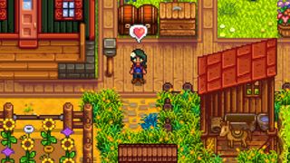 Stardew Valley farmer using the Heart emoji, standing in front of her house and surrounding by a horse, several chests, and wild flowers.