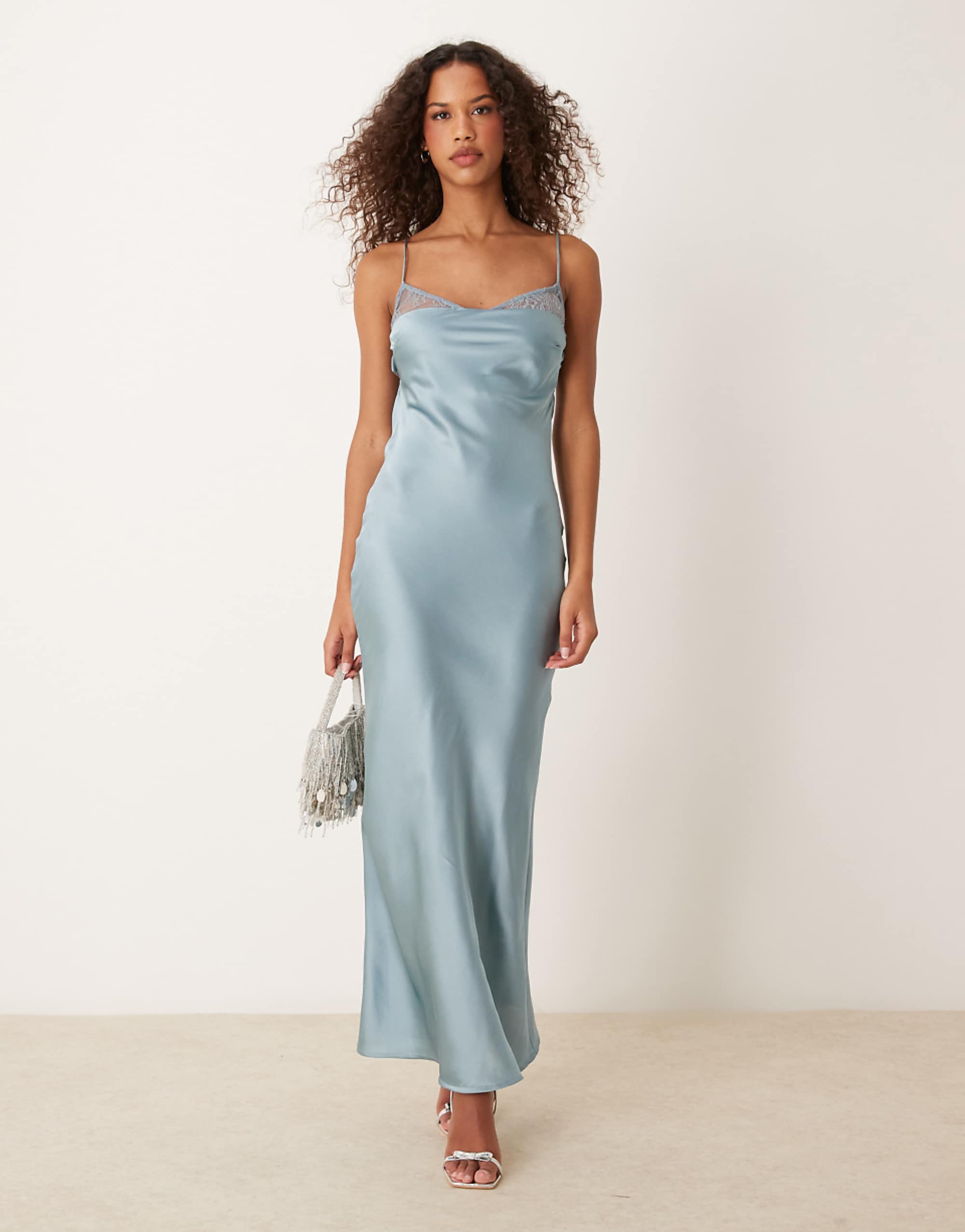 Asos Design Lace Insert Satin Maxi Dress With Tie Back in Dusky Blue