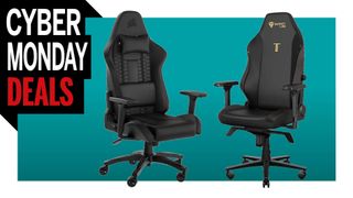 Gaming chairs on a colored background, with a Cyber Monday deals logo