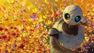 Roz the robot looks up, surrounded by an abundance of butterflies