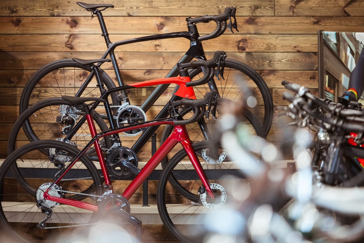 Three road bikes in a bike shop