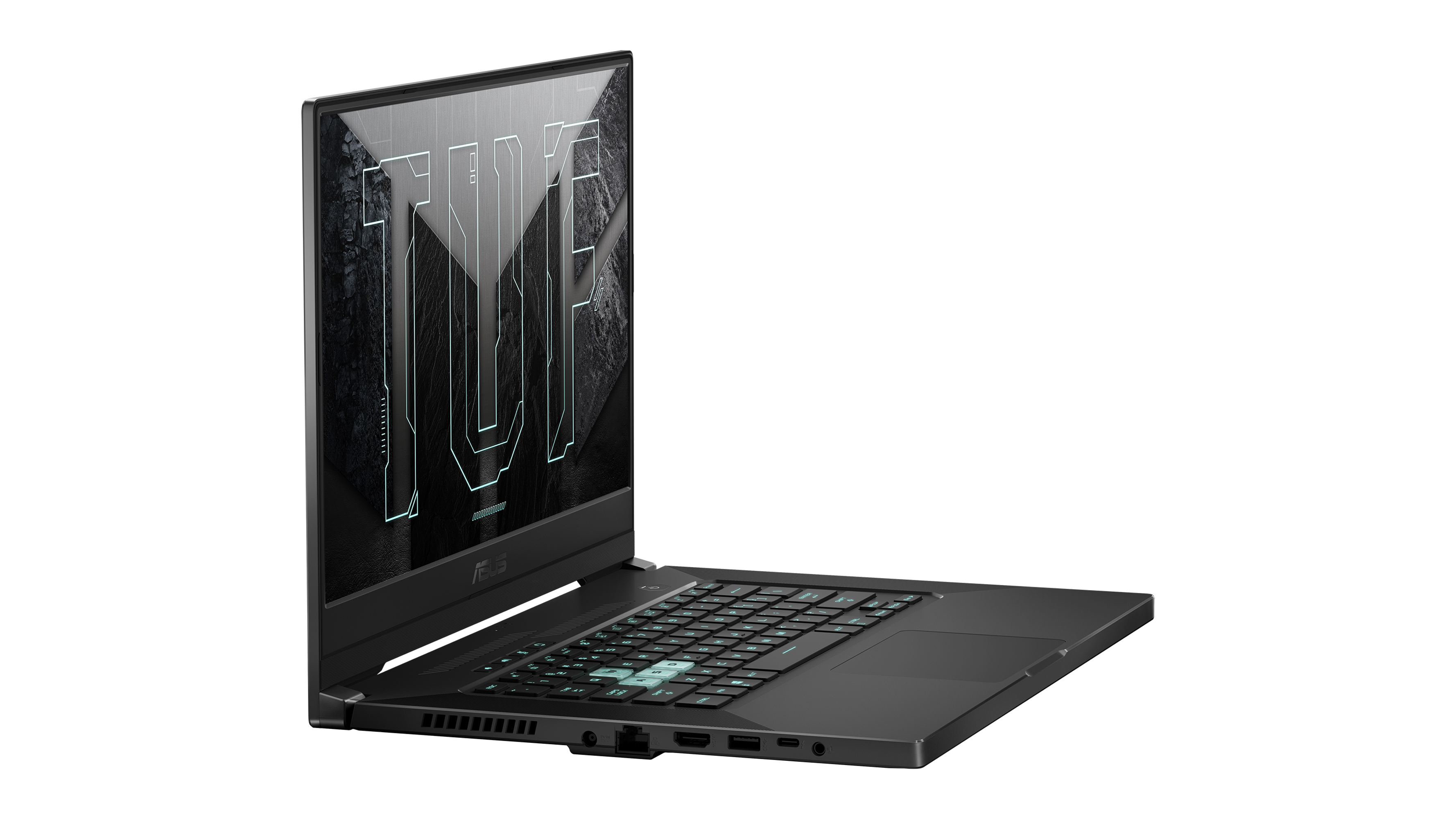 The Asus TUF Dash F15 from the side, where you can see the gaming laptop's left-side ports. There's an Asus TUF logo on the display.