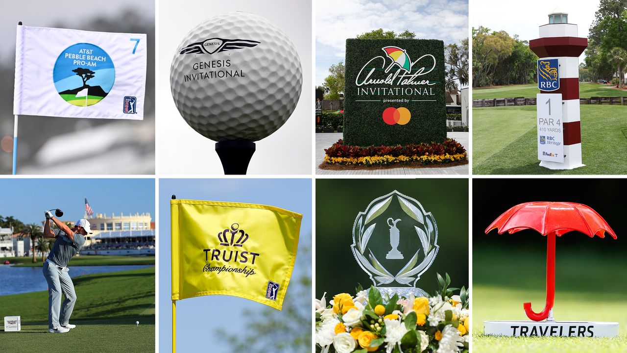 Eight logos from tee markers, flags and trophies of the PGA Tour's 2026 Signature Events