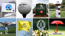 Eight logos from tee markers, flags and trophies of the PGA Tour's 2026 Signature Events
