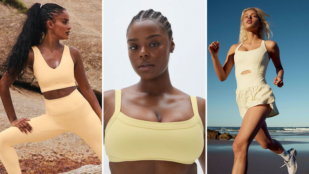 women wearing some of the butter yellow athleisure picks from the article