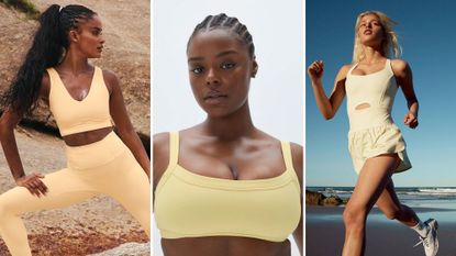 woman wearing one of the butter yellow athleisure picks from the article