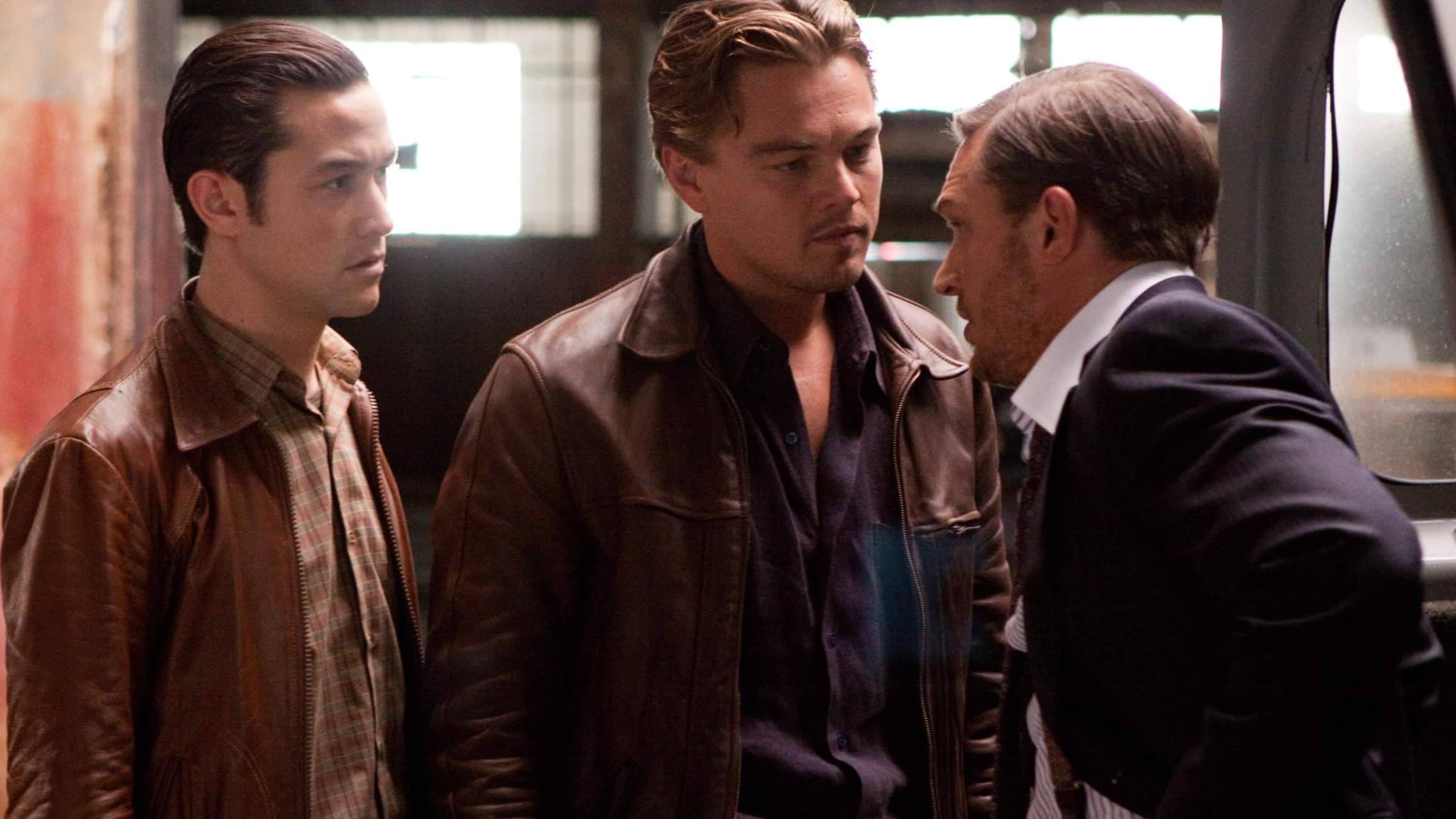 From left to right: Joseph Gordon-Levitt as Arthur, Leonardo DiCaprio as Dom Cobb, and Tom Hardy as Eames in Inception.