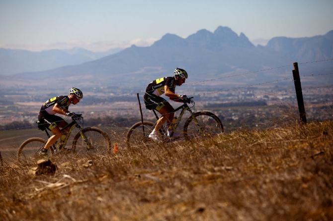 Third place team Alban Lakata and Robert Mennen during the 2012 Cape Epic prologue
