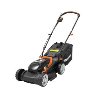 A black small lawn mower with orange trim, a long curved handle, and white wheels