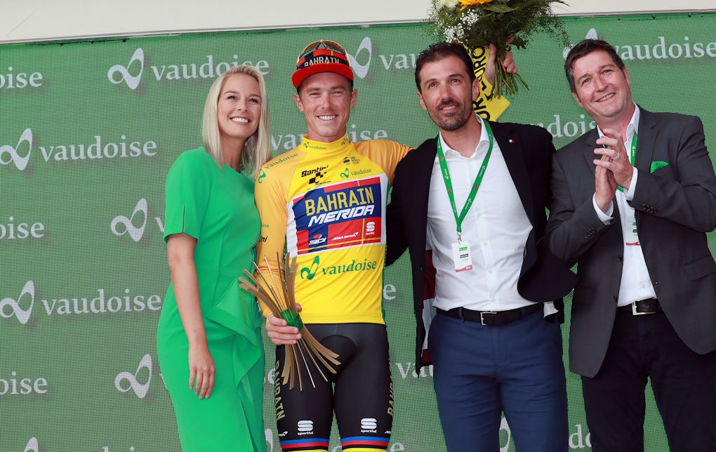 Rohan Dennis in yellow at Tour de Suisse after winning the stage 1 time trial