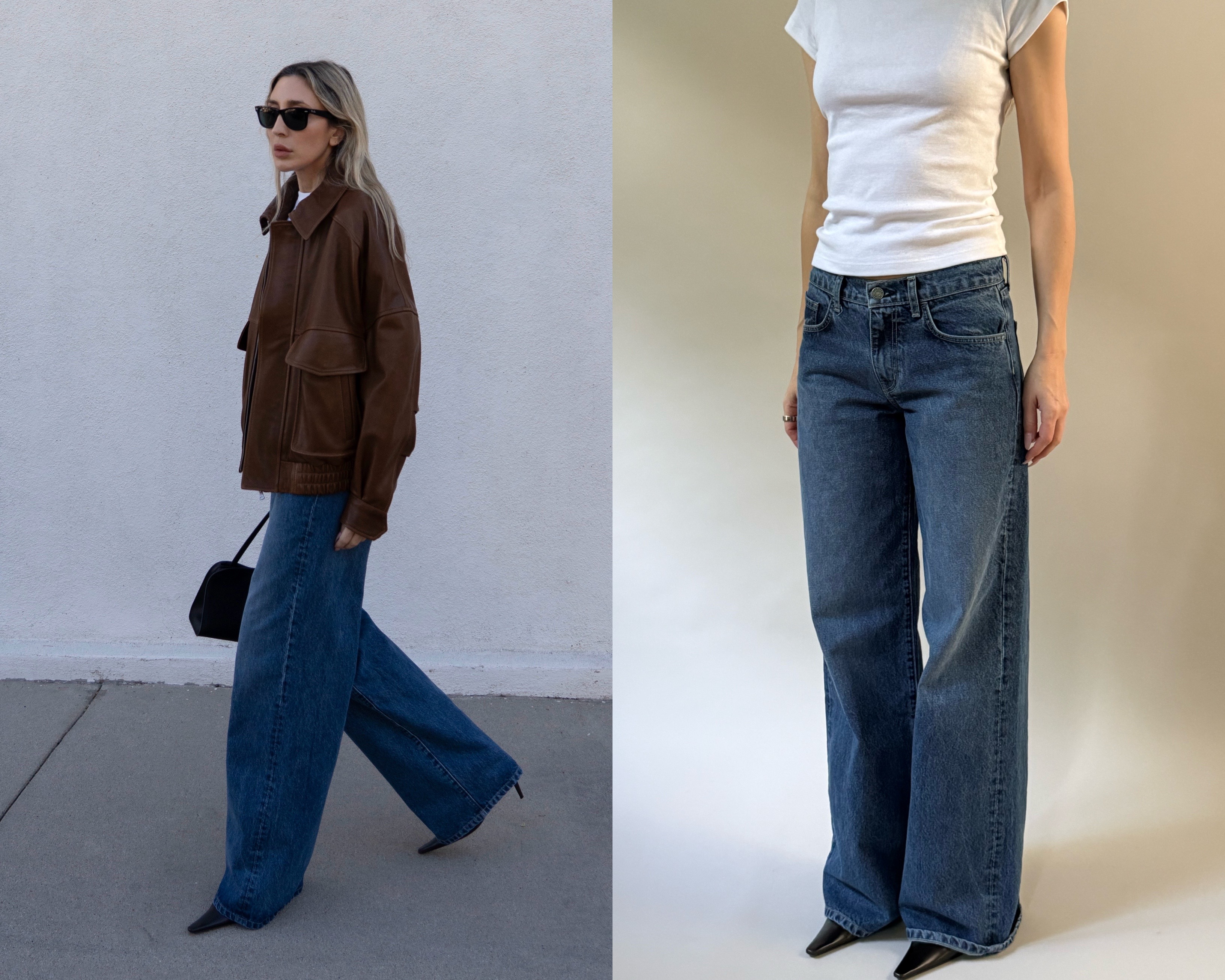 Angela Fink styles barrel-leg denim with a brown leather jacket