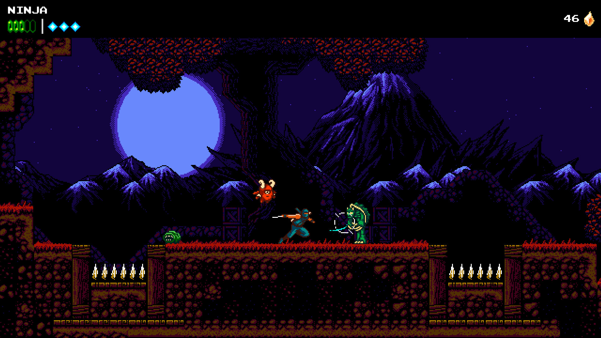A pixel art scene from The Messenger featuring a ninja in blue facing a green armored enemy with a bow, under a bright blue moon, surrounded by mountains and stylized trees.