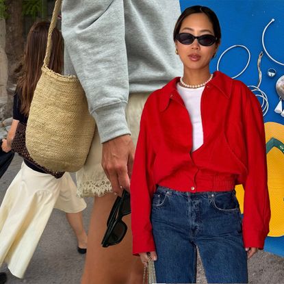 @aimeesong wearing a red button-down and jeans; @trendingwithtinsley taking a photo of flip flops; @poppyalmond wearing a butter yellow skirt and black top 
