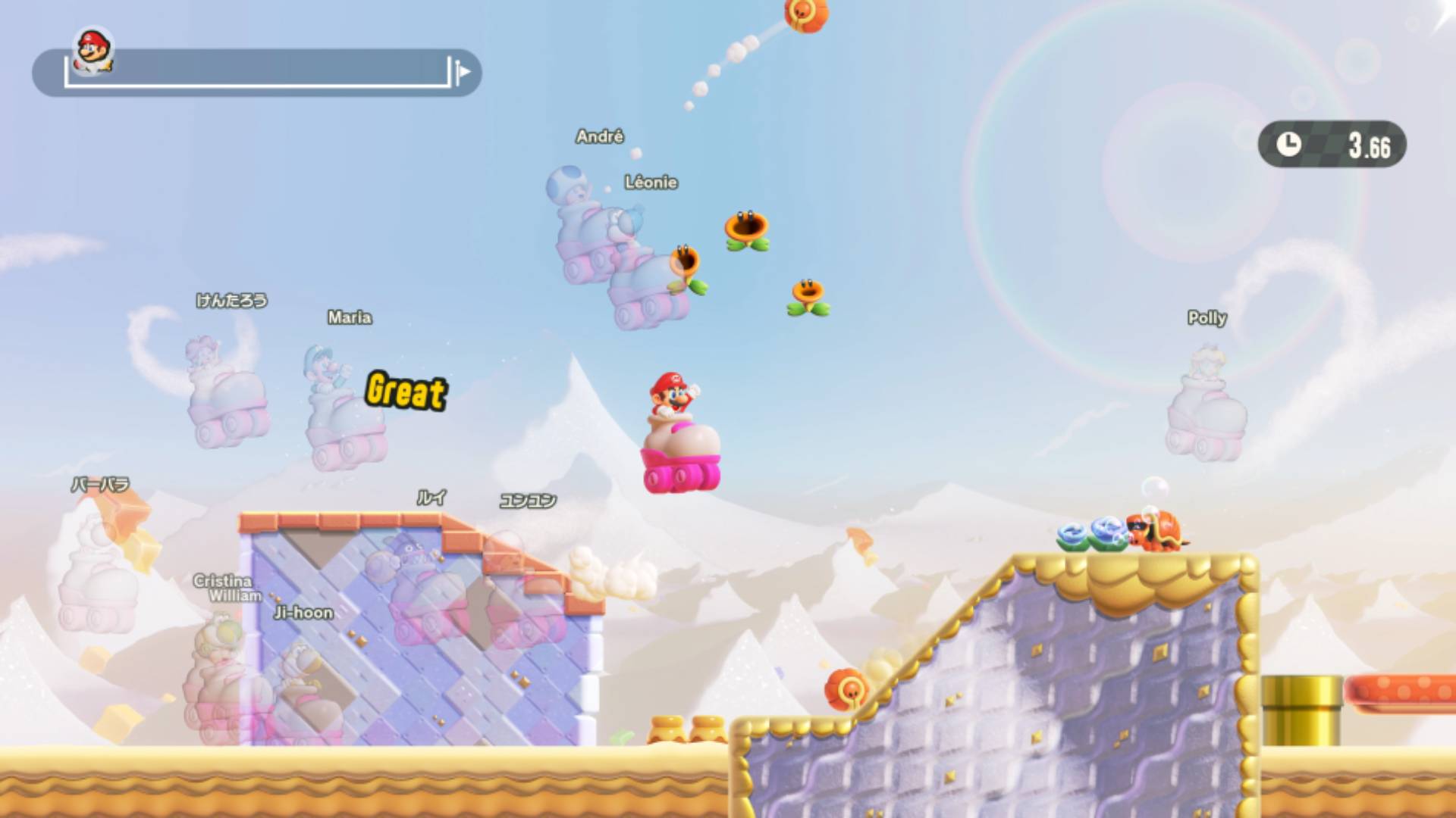 A racing-style minigame in Super Mario Bros. Wonder Meetup in Bellabel Park.