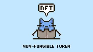 NFTs: pixel art illustration of cartoon cute kitten sitting in an open cardboard box and speech-bubble with text NFT and non-fungible token in it