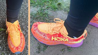 Front and side profile of Susan Griffin testing the Hoka Speedgoat 6 walking shoe