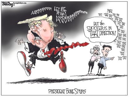 Political cartoon U.S. Trump heroism comments bone spurs