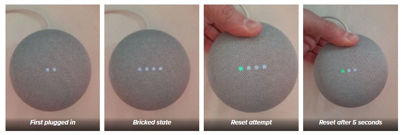 Tentando reiniciar um Google Home Mini bloqueado.