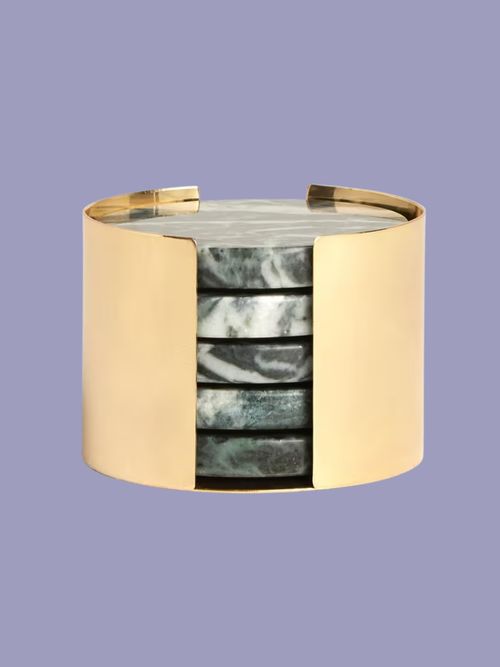 Round Marble Coasters & Gold Holder - Set of 5