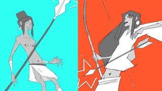 Two character designs on bright backgrounds