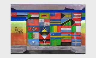 A painting of multiple flags of the world painted on an outside wall.