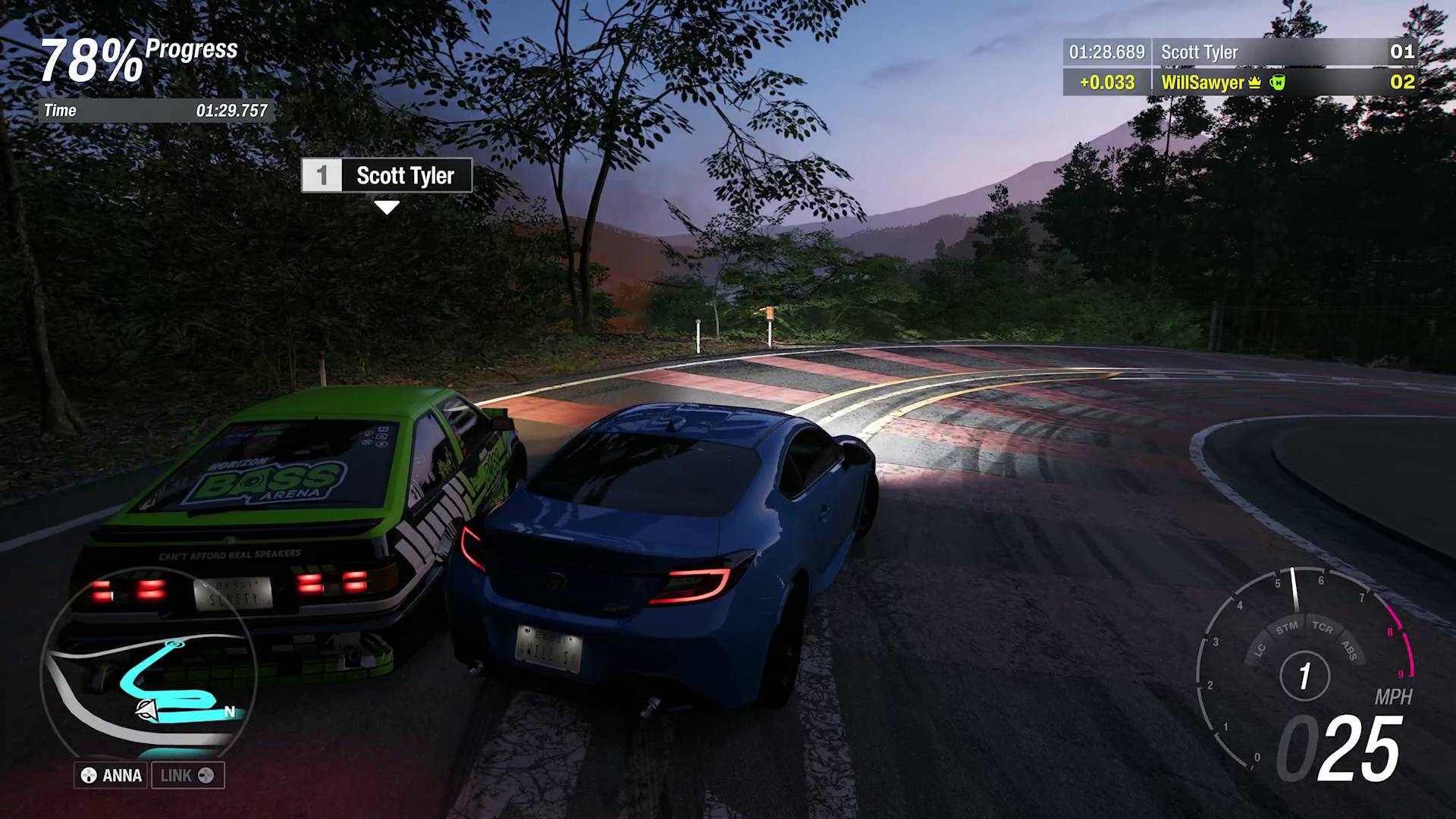 Forza Horizon 6 Hakone Nanamagari touge race player sideswiping Scott Tyler's car off the road at a hairpin corner