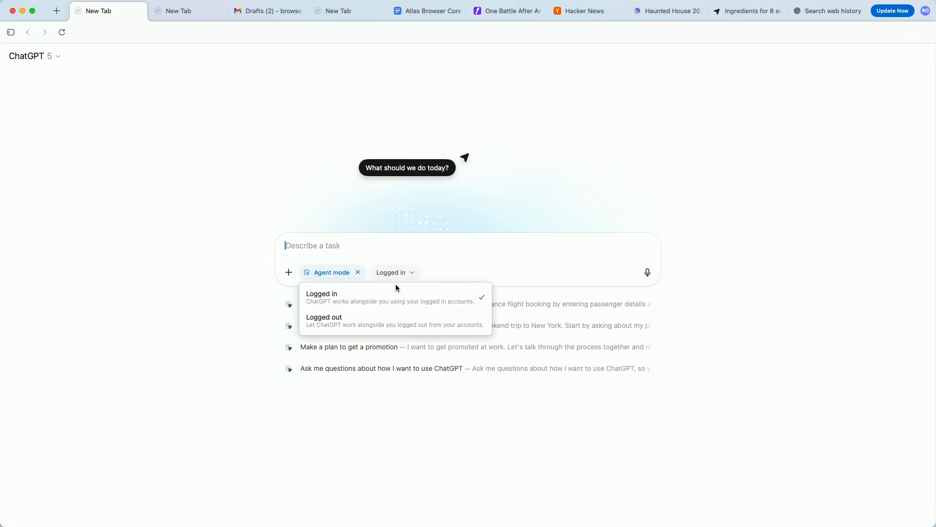 ChatGPT Atlas agent mode logged in or logged out
