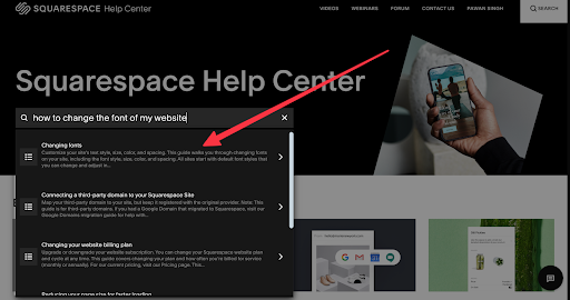 Screenshots of squarespace support