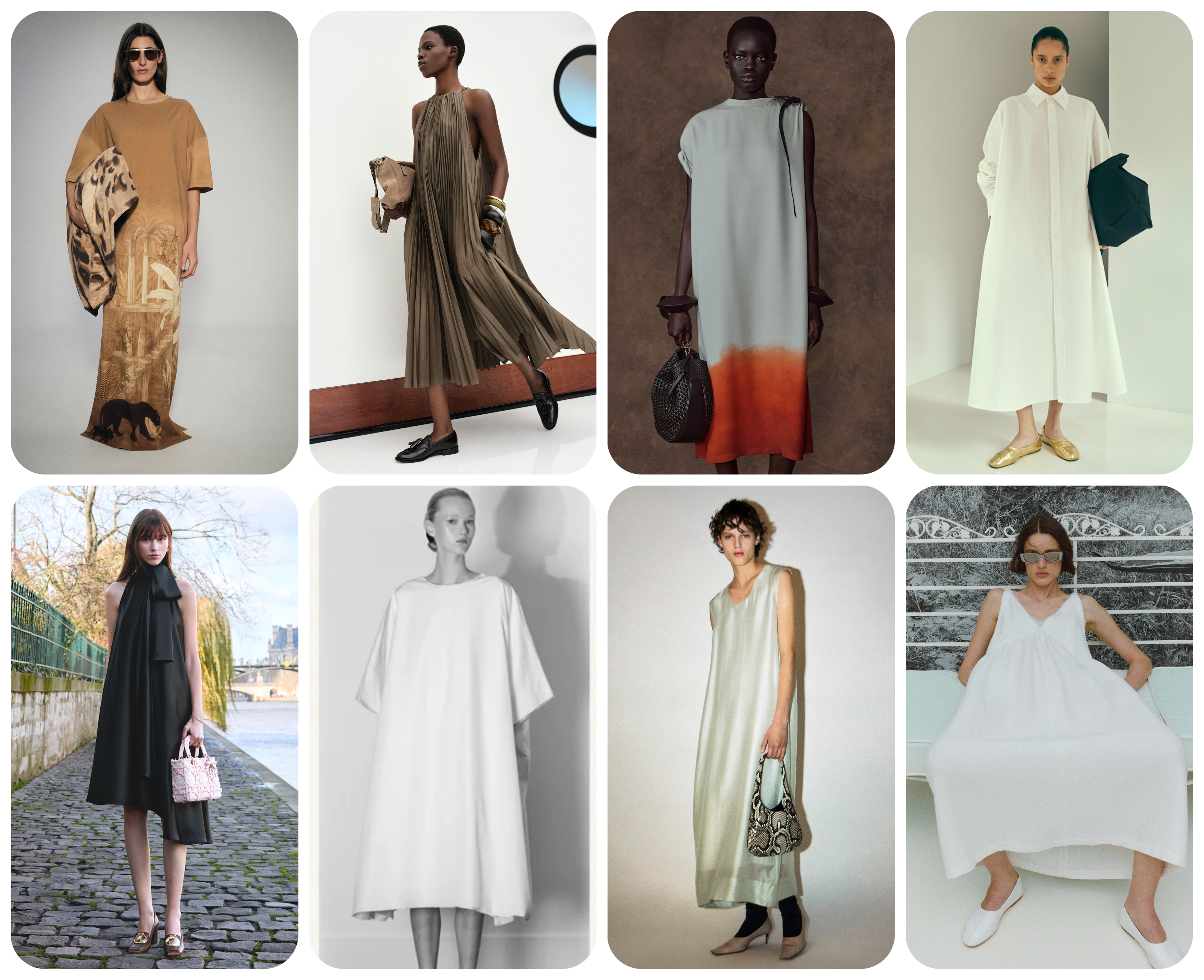 summer fashion trends 2026, trapeze dresses at Nanushka, Max Mara, Ferragamo, Kallmeyer, Dior, The Row, Khaite, and Rachel Comey