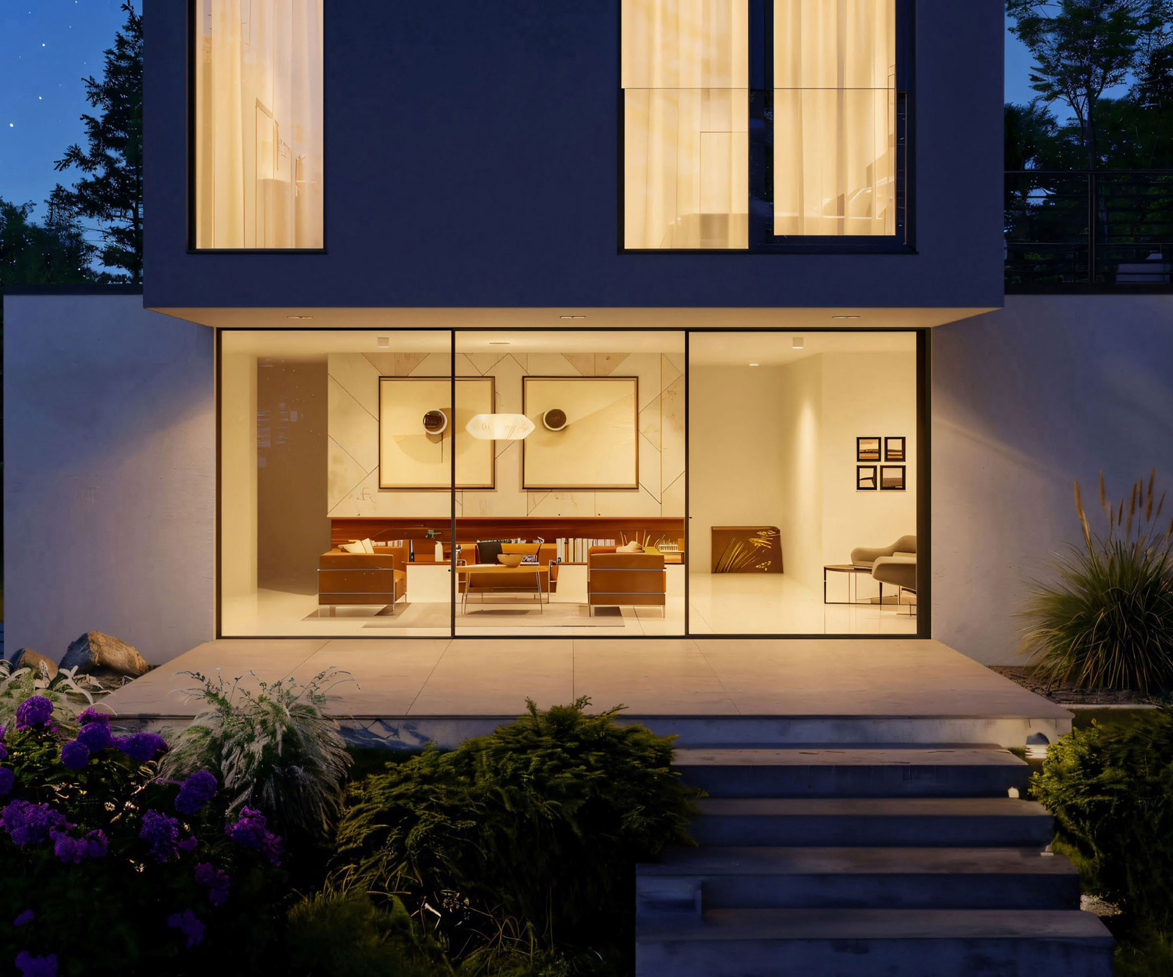 modern house lit up from within at dusk with a view from the garden looking into the main living space through contemporary glazed doors