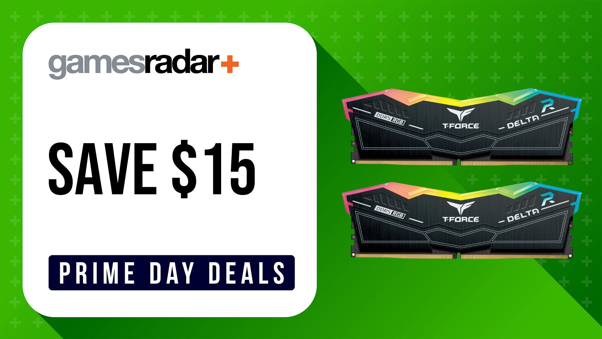 TEAM T-Force Delta RGB DDR5 (32GB) memory kit as a part of Newegg's Prime Day gaming PC deals with $15 saving and green background