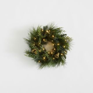 Faux Lit Mixed Greens Wreath & Garland With Bells 17