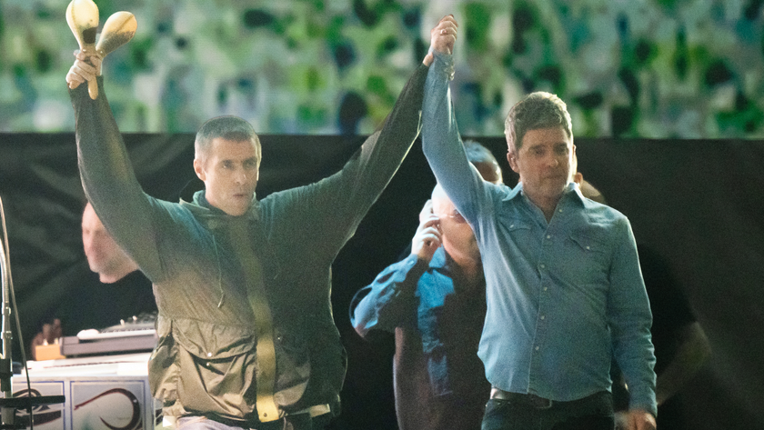 Liam Gallagher (L) and Noel Gallagher (R) of Oasis perform during the opening night of their Live 25&#039; Tour at Principality Stadium on July 04, 2025 in Cardiff, Wales
