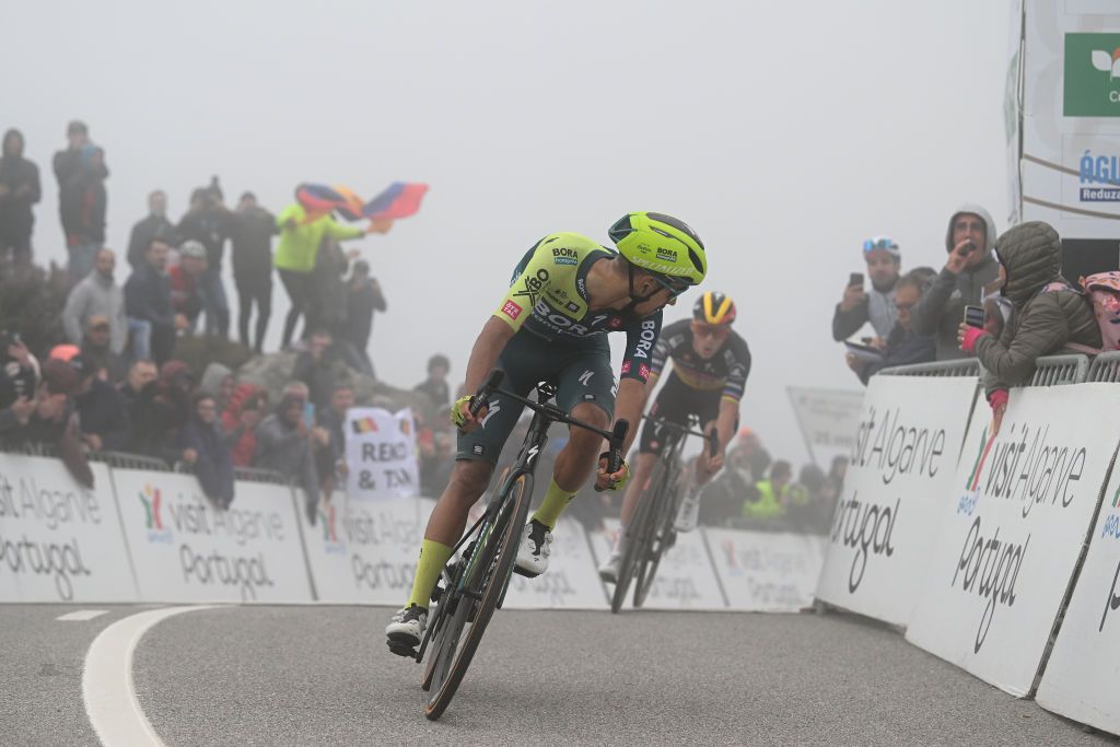 ALTODAFOIA PORTUGAL FEBRUARY 15 Daniel Felipe Martinez of Colombia and Team BORA hansgrohe sprints at finish line to win ahead of Remco Evenepoel of Belgium and Team Soudal Quick Step during the 50th Volta ao Algarve em Bicicleta 2024 Stage 2 a 1719km stage from Lagoa to Alto da Foia 888m on February 15 2024 in Alto da Foia Portugal Photo by Dario BelingheriGetty Images