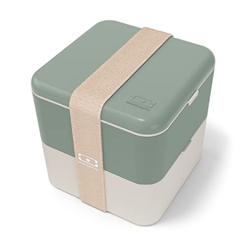 Monbento - Large Bento Box Mb Square Natural With Compartments - Leakproof Lunch Box for Work and Meal Prep - Bpa Free - Food Grade Safe - Green
