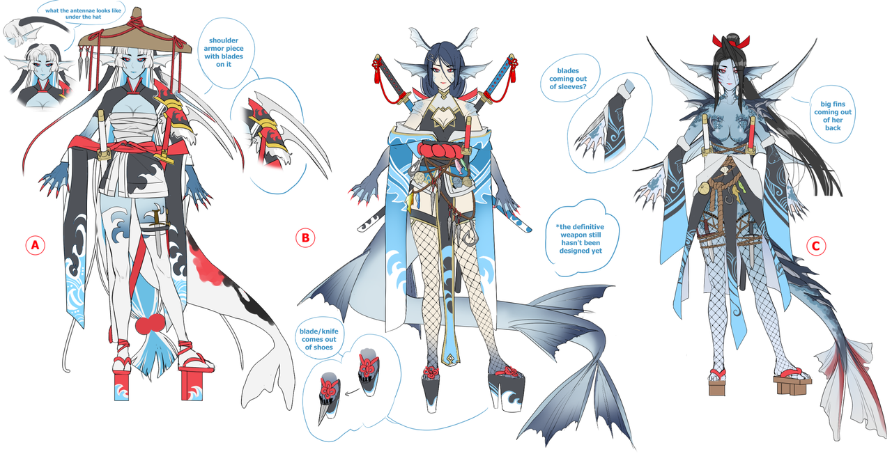 Concept art showin anime design characters for a fantasy video game