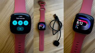 Grace Walsh's Fitbit Versa 4 with exercise mode view, homescreen, and watch with charger