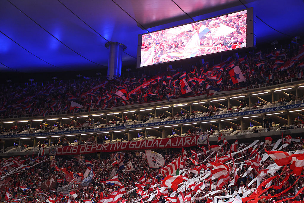 ZAPOPAN, MEXICO - NOVEMBER 27: General view of the stadium during the quarterfinals first leg match between Chivas and Cruz Azul as part of the Torneo Apertura 2025 Liga MX at Akron Stadium on November 27, 2025 in Zapopan, Mexico. (Photo by Simon Barber/Getty Images)
