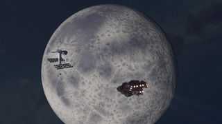 Starfield screenshot of a spaceship and satellite in front of a large white moon.