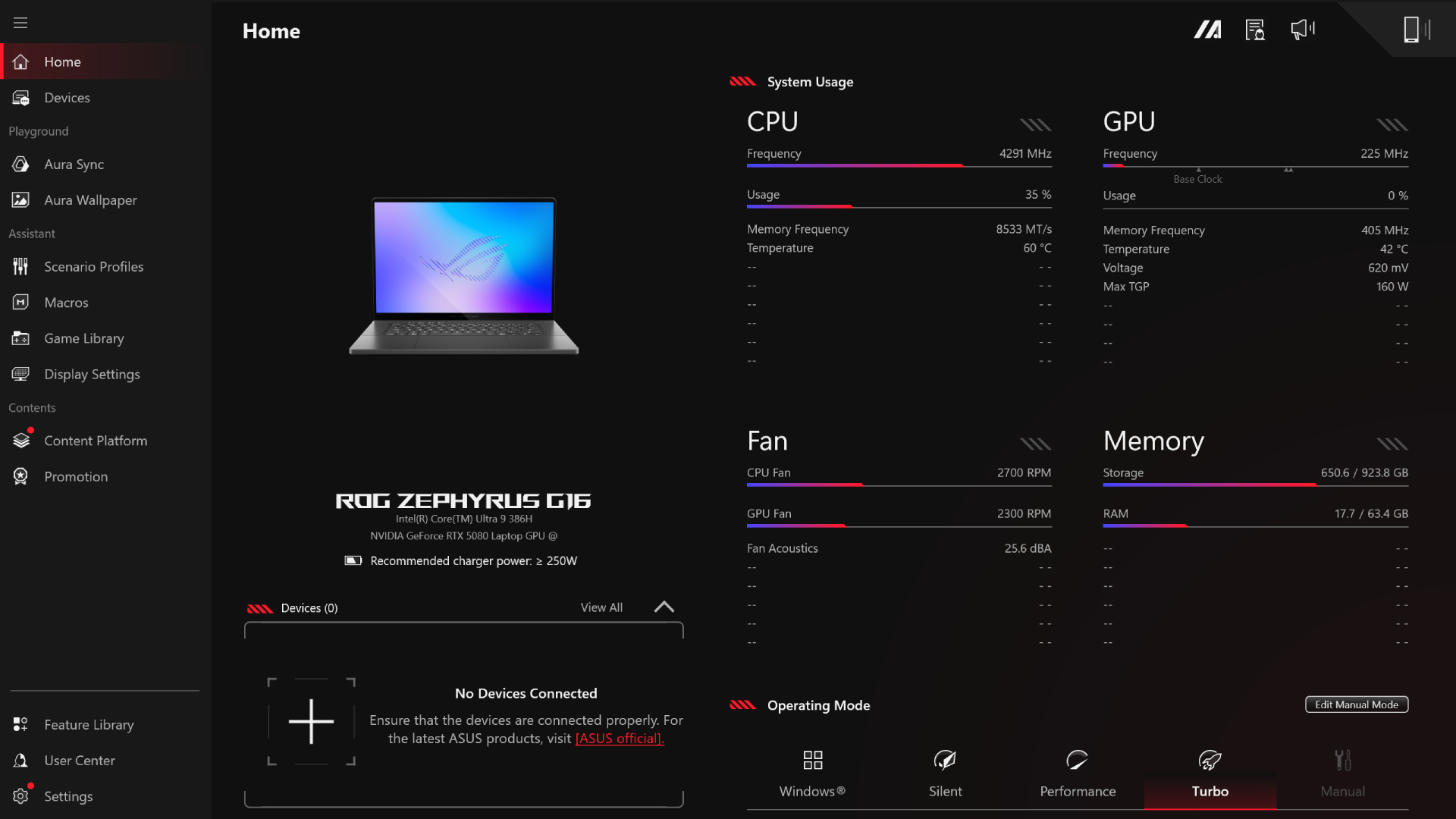 A screenshot from the Asus Armoury Crate software loaded on an Asus ROG Zephyrus G16