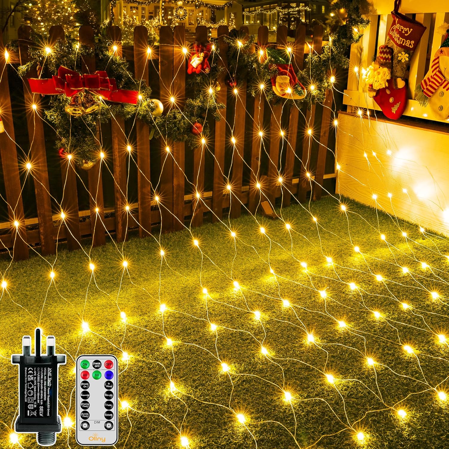 Ollny Net Lights Outdoor, 200 Led 3m X 2m Christmas Fairy Lights Mains Powered, Waterproof Mesh String Light With 8 Lighting Modes/timer/remote/dimmable, for Xmas Tree/outside/garden, Warm White