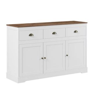 A white sideboard with a dark wooden top, three drawers and three cupboards, all with metal handles