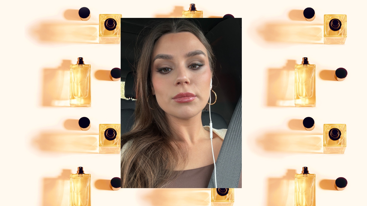 a woman with long brown hair and a brown top over a gold and black perfume bottle design