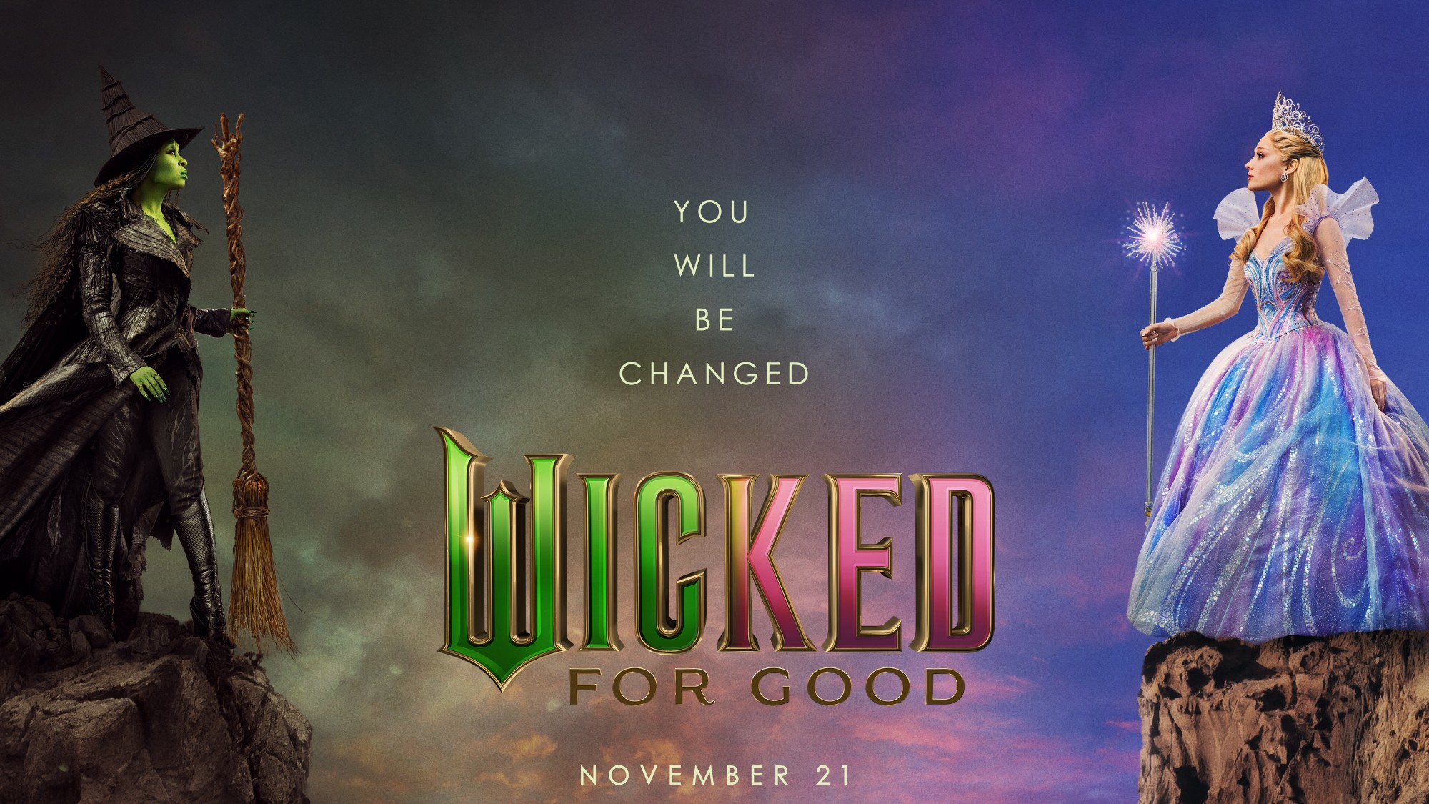 Elphaba and Glinda standing on opposite cliffs in Wicked: For Good poster