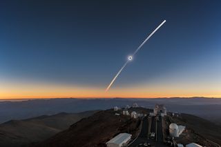 This composite image shows the total solar eclipse of July 2, 2019, over the La Silla Observatory in Chile.