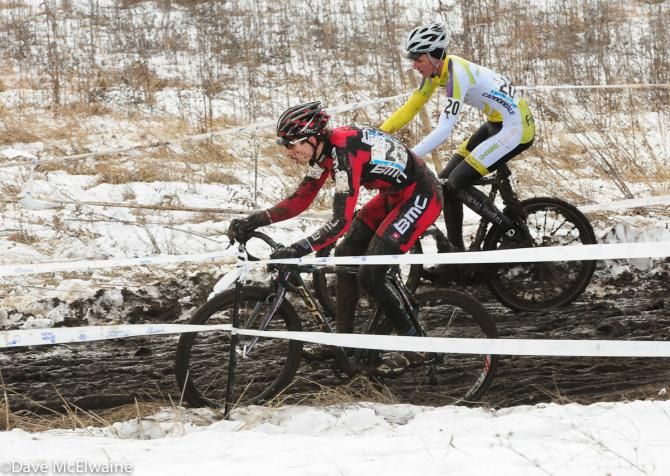Kerry Werner (BMC U23 Development MTB Team) battling Oliver Donkervoet on a sloppy descent