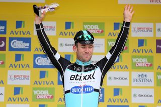 Mark Cavendish on the stage 1 podium at the 2015 Tour of Britain.